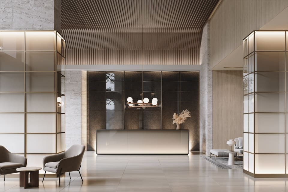 3M Fasara frosted glass finish on a hotel lobby partition — 3M rendering