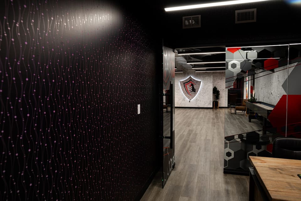 Corridor wall covered in a dark pattern of fine vertical lines and small dots