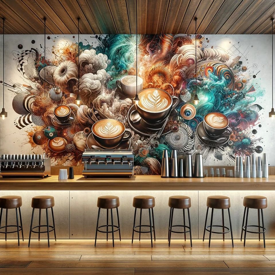 Concept rendering of a coffee shop wall mural of swirling espresso drinks above a bar with stools