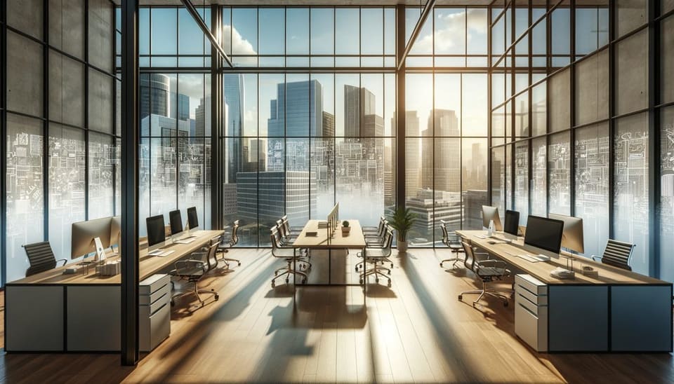 Concept rendering of a studio office with tall glass walls and a skyline view