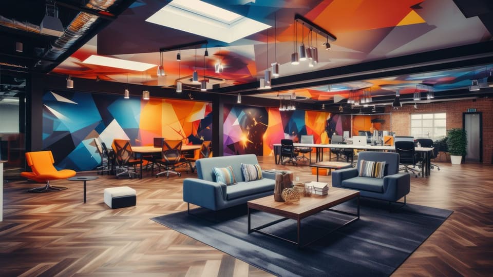Concept rendering of an open office with geometric color blocks on walls, floor and ceiling