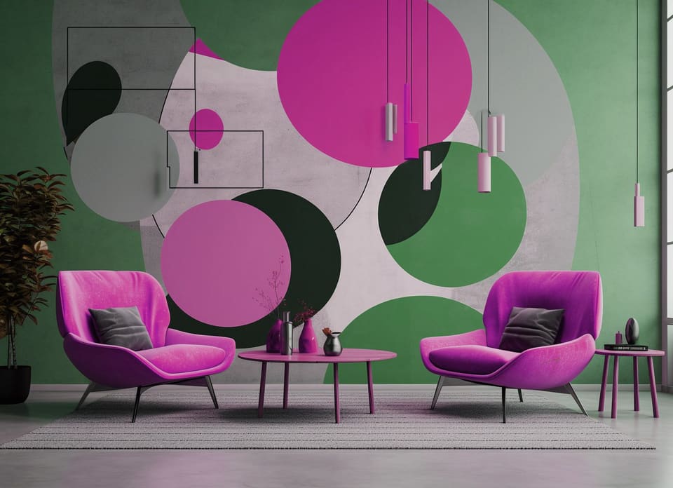 Concept rendering of a green and pink circles mural with two magenta chairs
