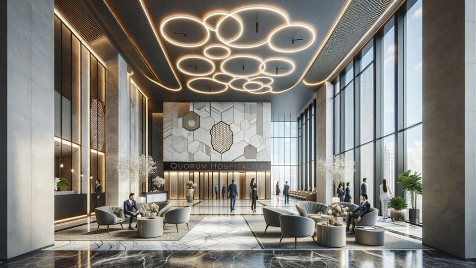 Concept rendering of a hospitality lobby with a textured feature wall and seating areas