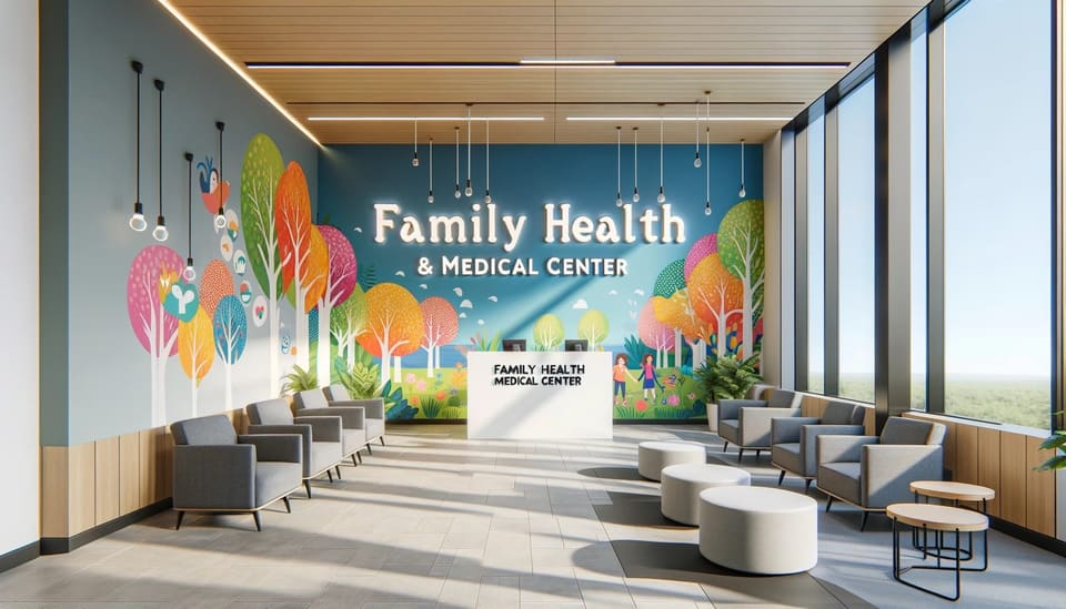 Concept rendering of a family health clinic lobby with a colorful tree mural behind the reception desk