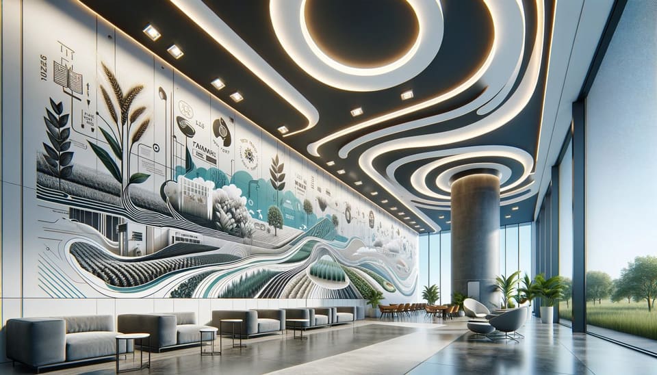 Concept rendering of a lobby with a long black-and-white landscape mural and a curved ceiling feature