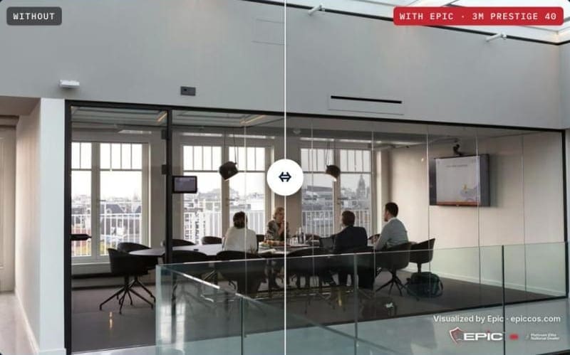 The window film visualizer on a sample conference room: half the glass without film, half with 3M Prestige 40