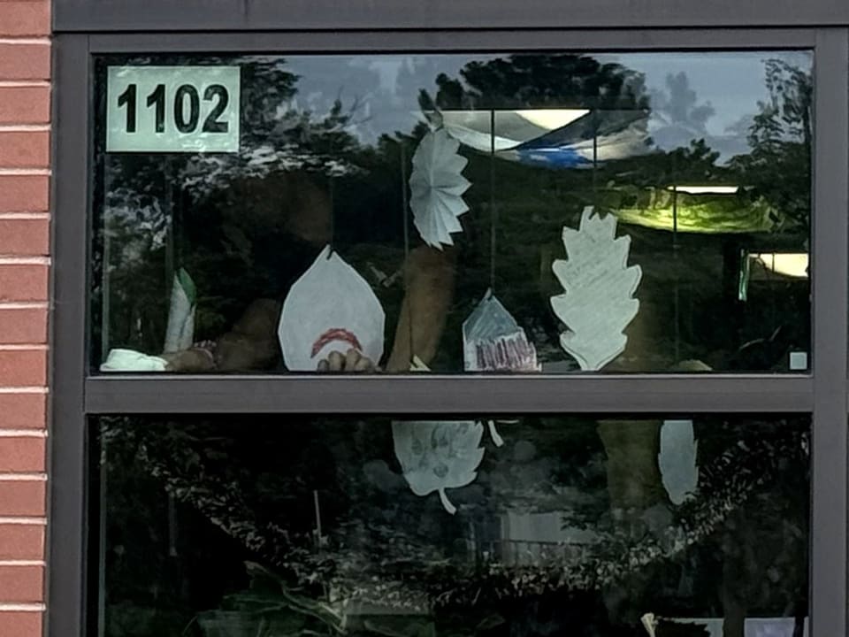 Classroom window 1102 with a double-sided room number applied over the security film