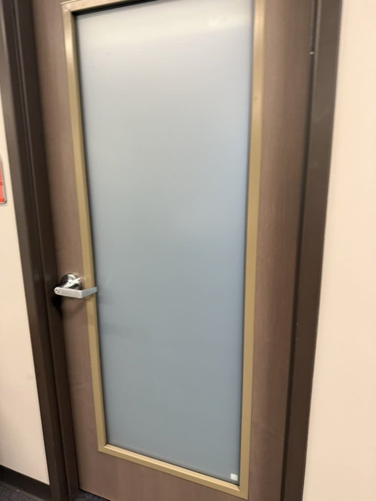 Close view of the frosted full-height door lite beside the lever handle