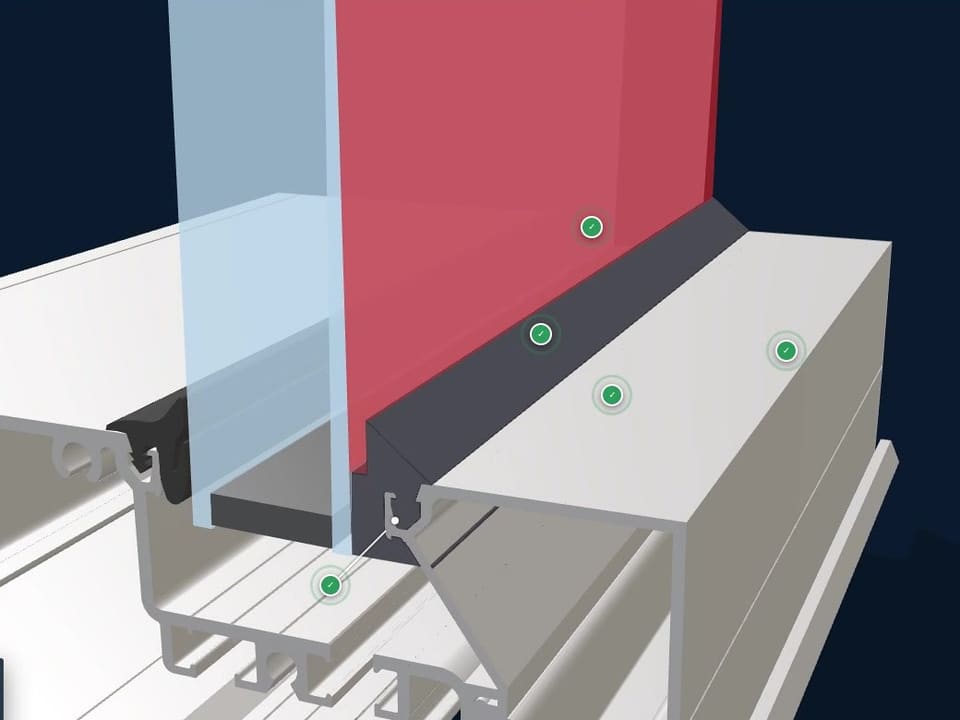 Cross-section of a window after the Epic Method: glass, 3M security film and the 3M IPA structural bead keyed into the open glazing channel of the aluminum frame