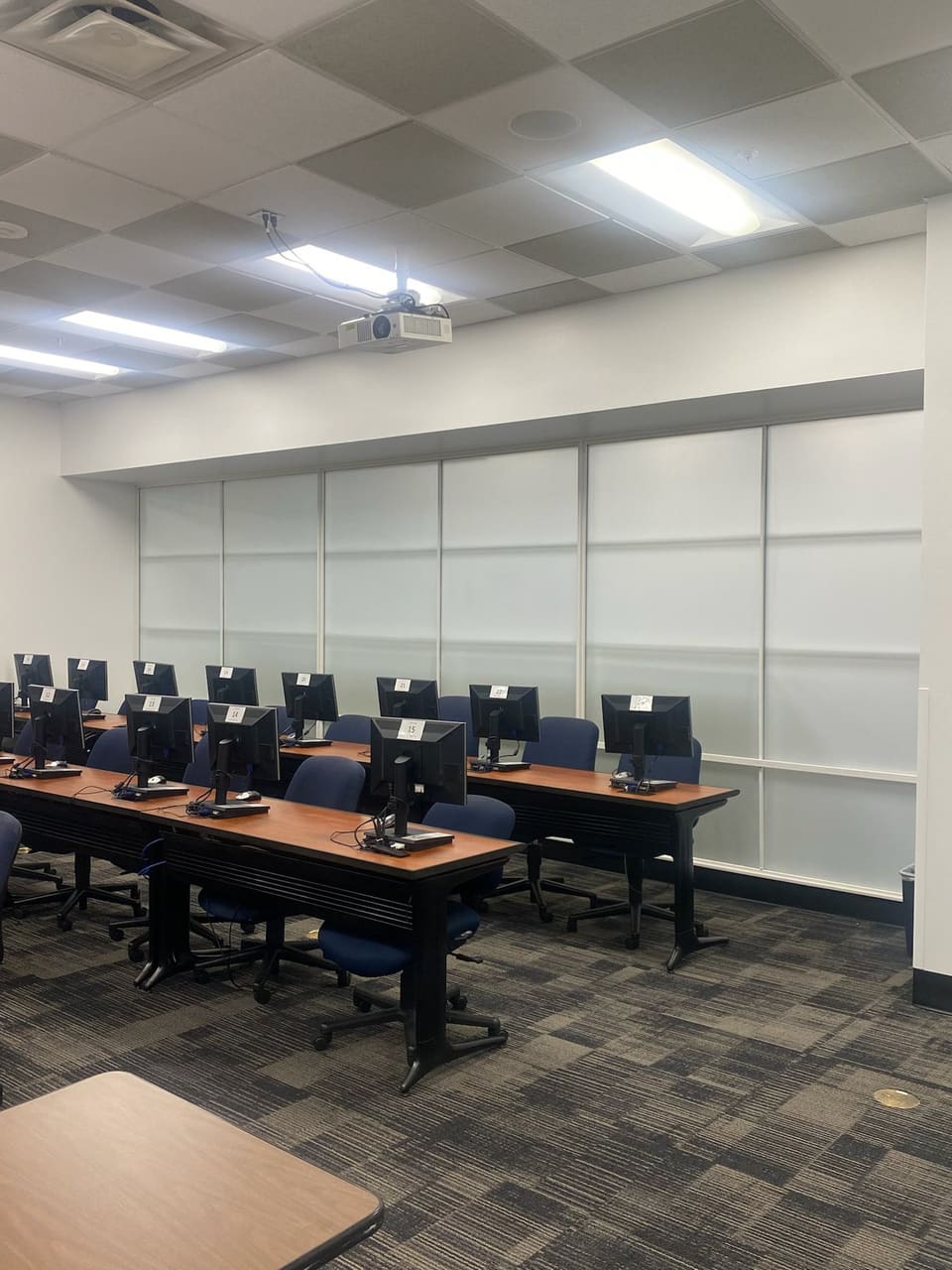 Computer lab with frosted glass graphics on the interior glass