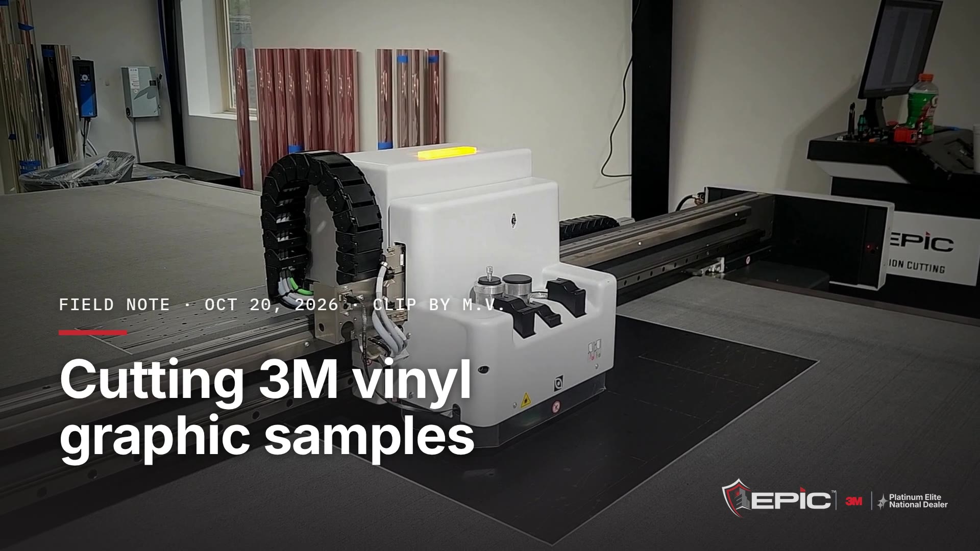3M vinyl graphic samples being cut in the shop at Epic headquarters in McKinney